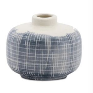 Melrose Mini Terracotta Bud Vase with Navy Criss Cross Pattern
